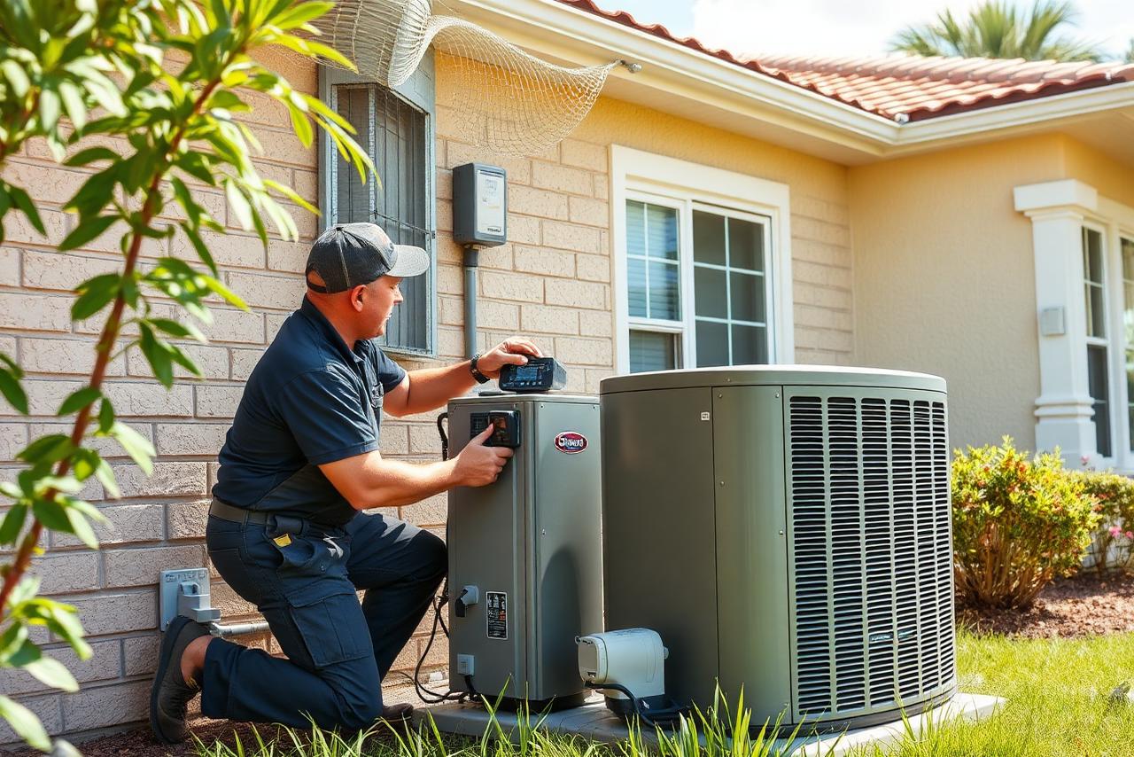 HVAC technician servicing an outdoor residential A/C condenser unit