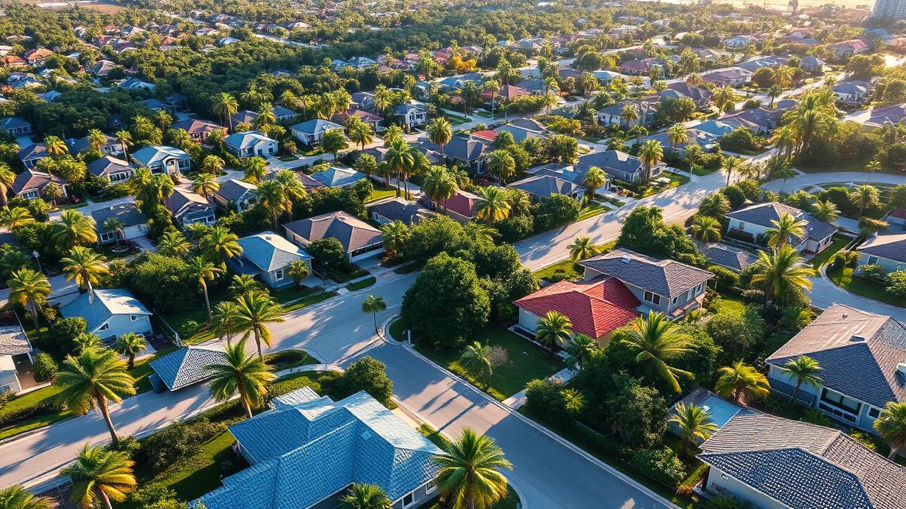 Aerial view of a South Tampa Florida residential neighborhood with palm trees