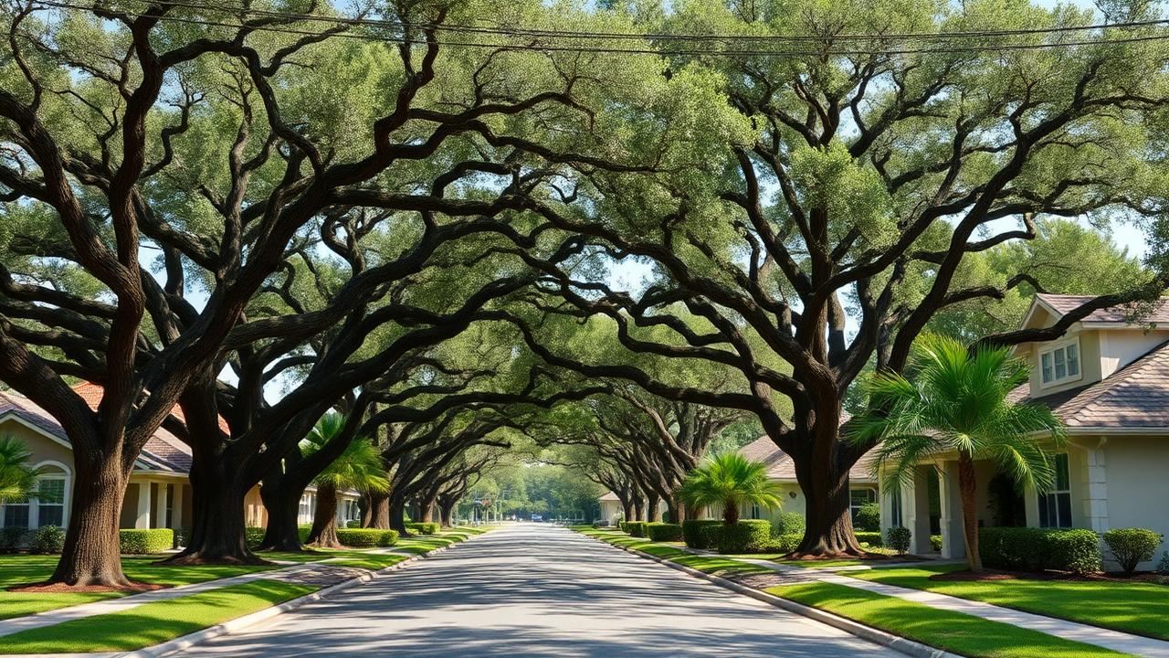 Temple Terrace Florida residential street lined with mature oak trees