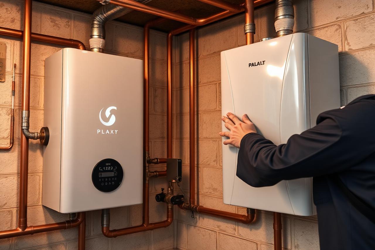 Boiler unit installed on a wall with copper piping