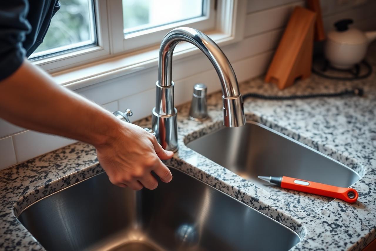 Plumber installing a kitchen faucet on a granite countertop