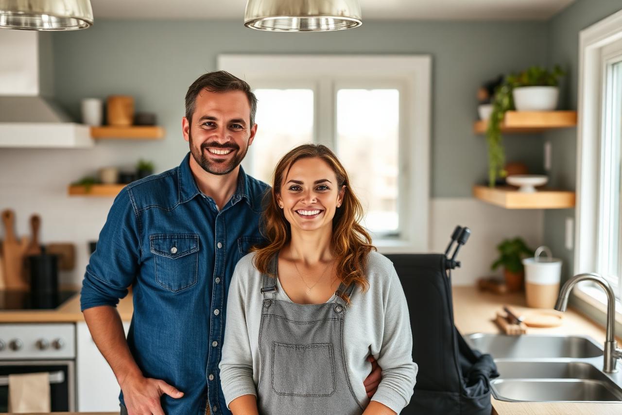 Happy homeowners in their kitchen after a successful residential repair