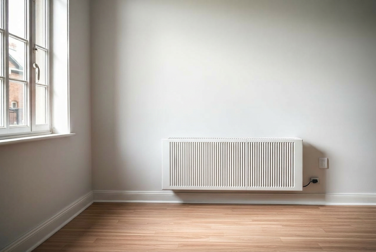 Technician installing a baseboard heater in a residential room