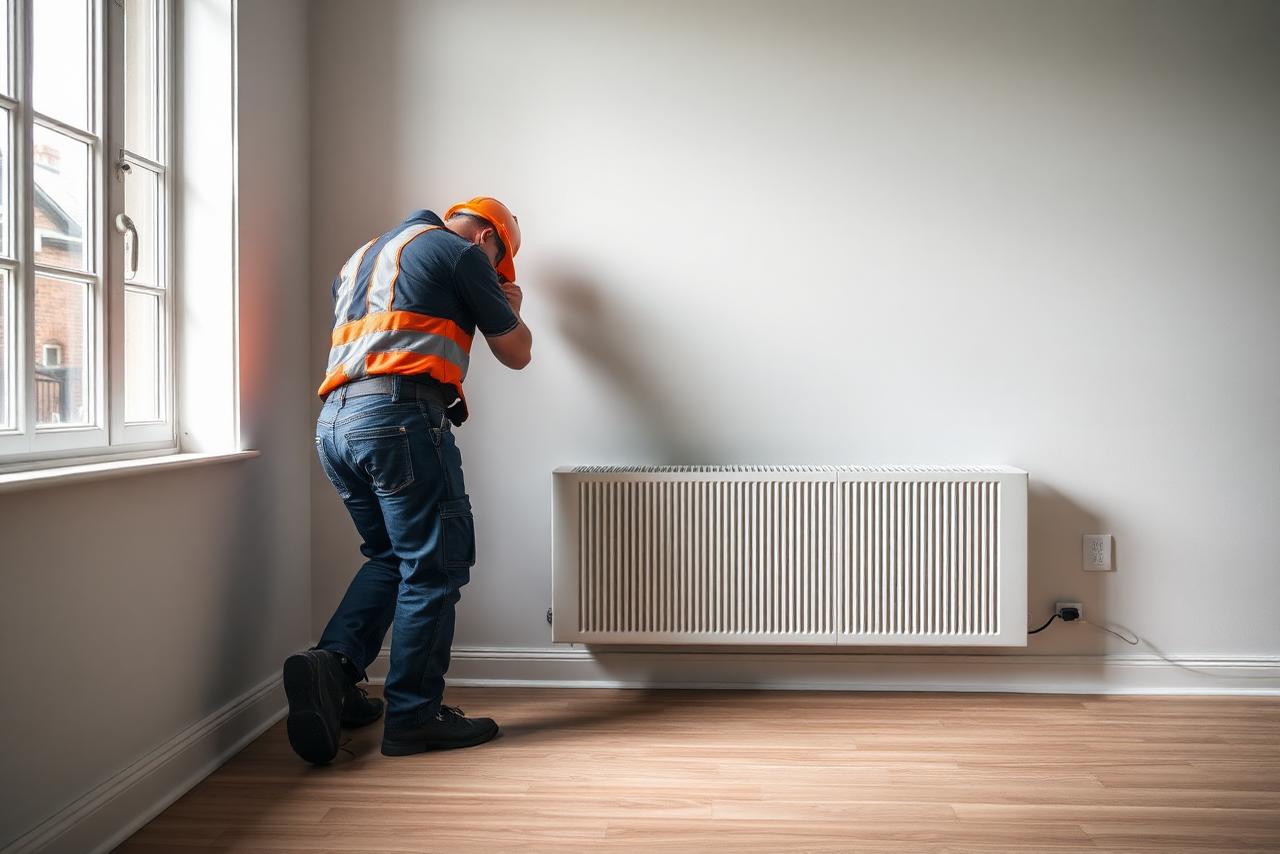 Technician installing a baseboard heater in a residential room
