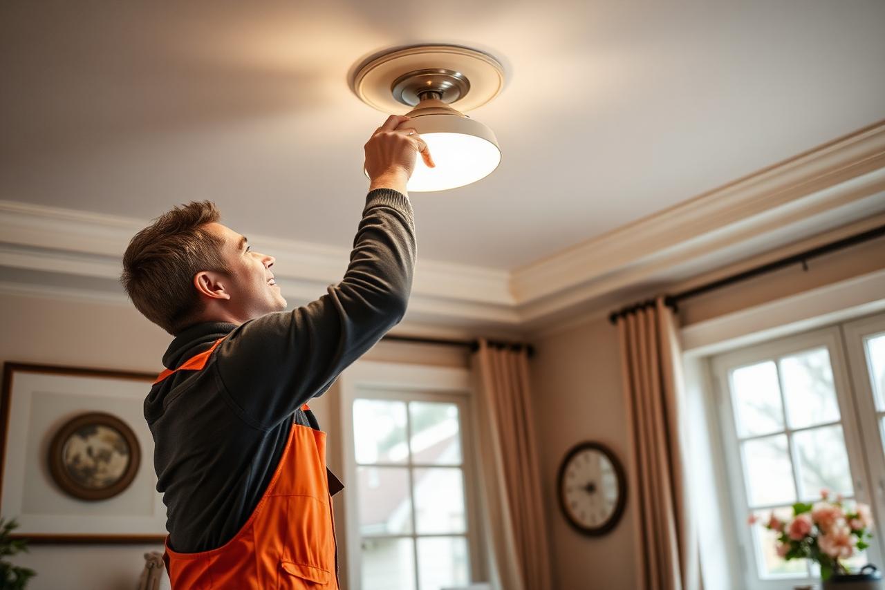 Technician installing a ceiling light fixture in a dining room