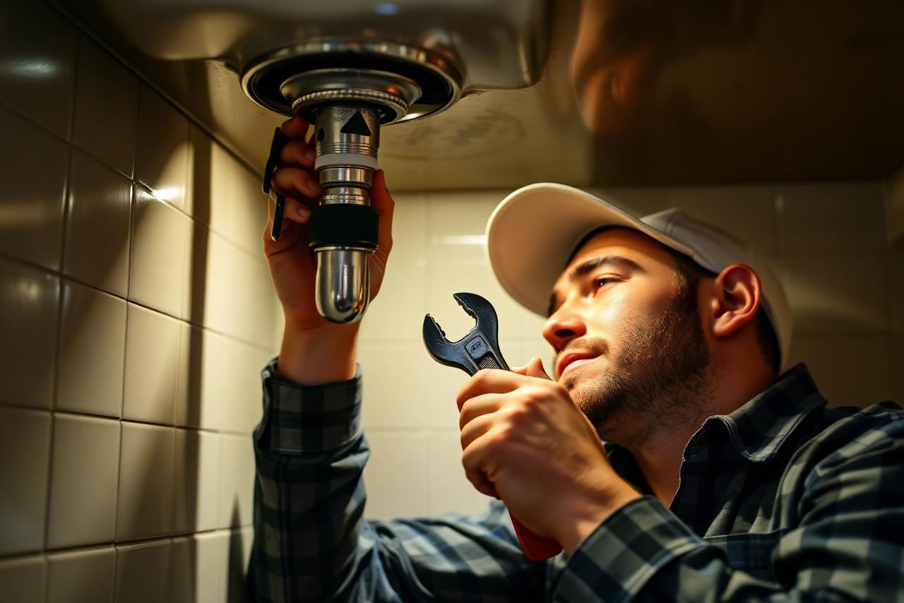 Plumber under a sink repairing a residential pipe