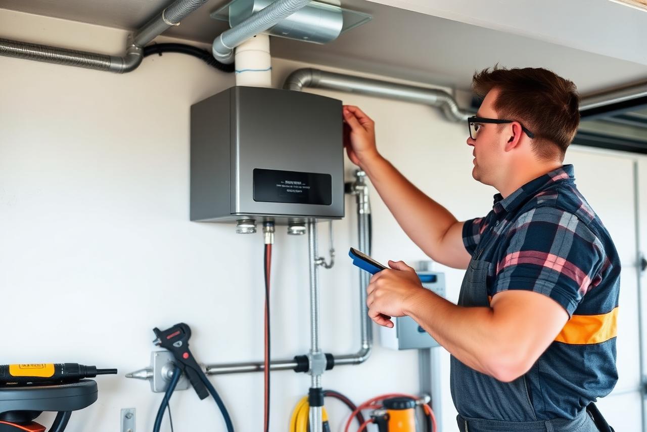 Tankless water heater mounted on a wall in a residential garage